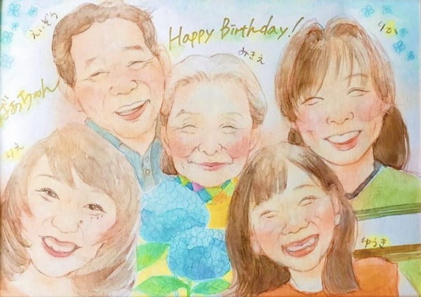 祖母への誕生日プレゼントに家族の似顔絵