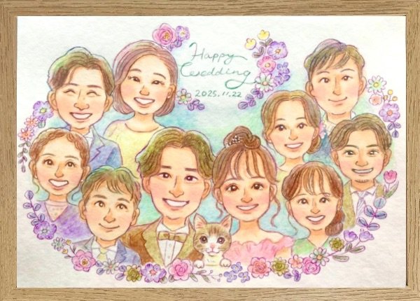 向日葵が背景の暖かい雰囲気の家族似顔絵