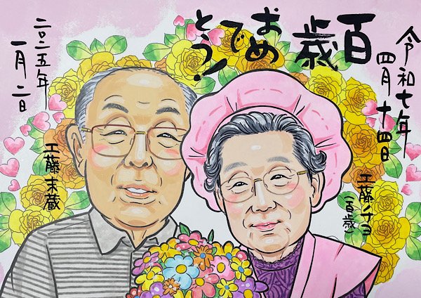 両親の還暦祝い家族7人の似顔絵