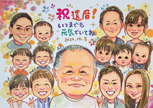 家族みんなでお父さんの還暦祝いの似顔絵