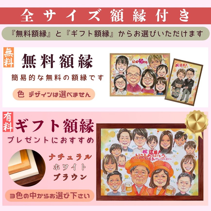 無料で似顔絵の額をお付けいたします。有料額縁への変更も可能です。