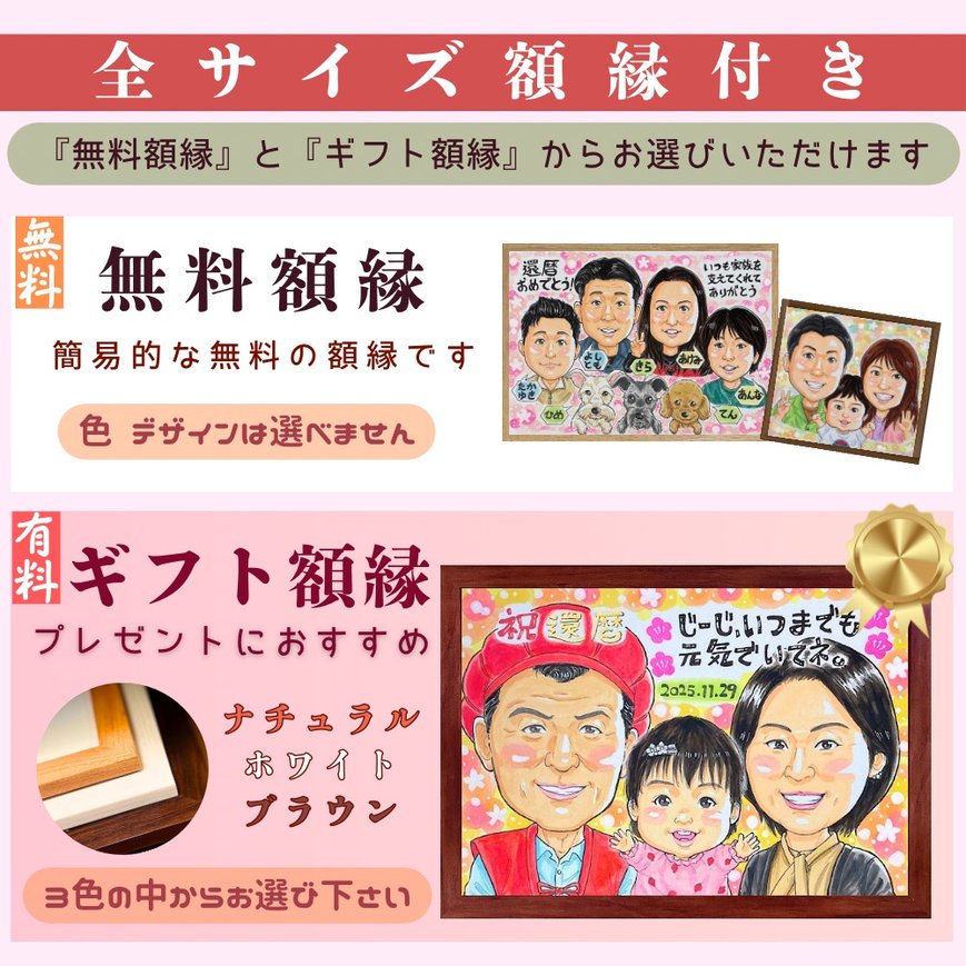 似顔絵は無料額縁付き、有料ギフト額縁に変更も可能