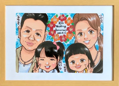 ハワイ風の家族の似顔絵