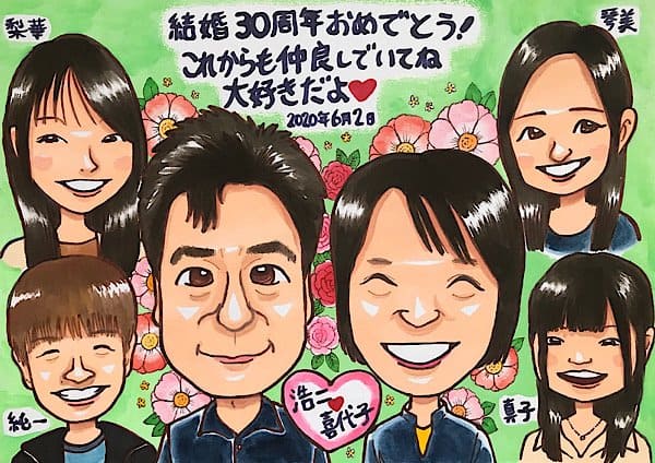 両親の結婚30周年記念にプレゼントした家族の似顔絵