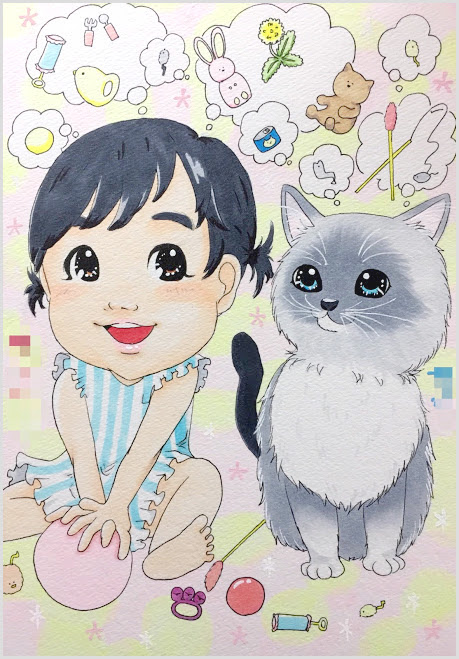 シャムネコと少女の似顔絵