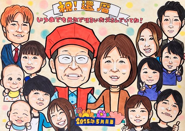 大人数の還暦祝い似顔絵