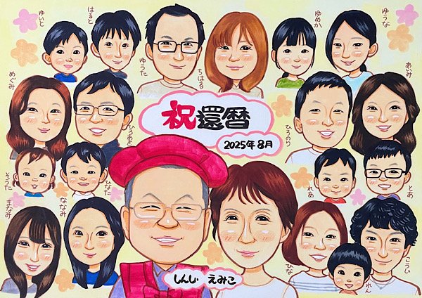 みんなで祝う還暦の似顔絵