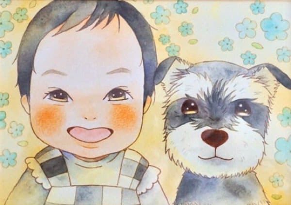 男の子とミニチュアシュナウザーの似顔絵