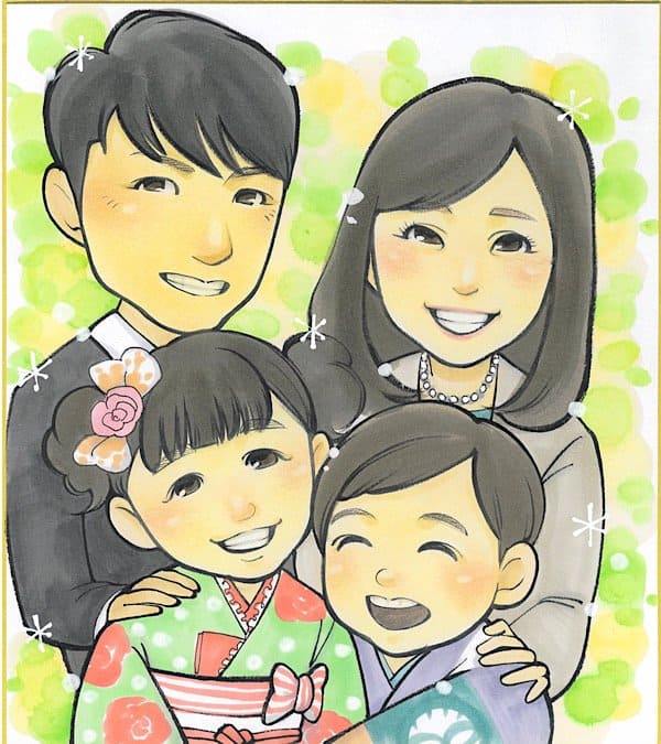 家族4人和装の似顔絵