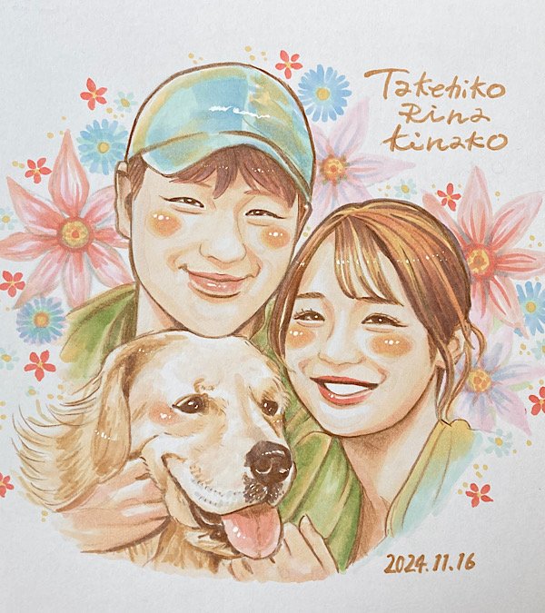 カップルと愛犬の似顔絵