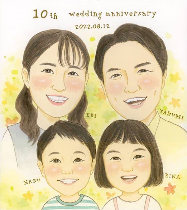 結婚10周年の家族4人の記念似顔絵