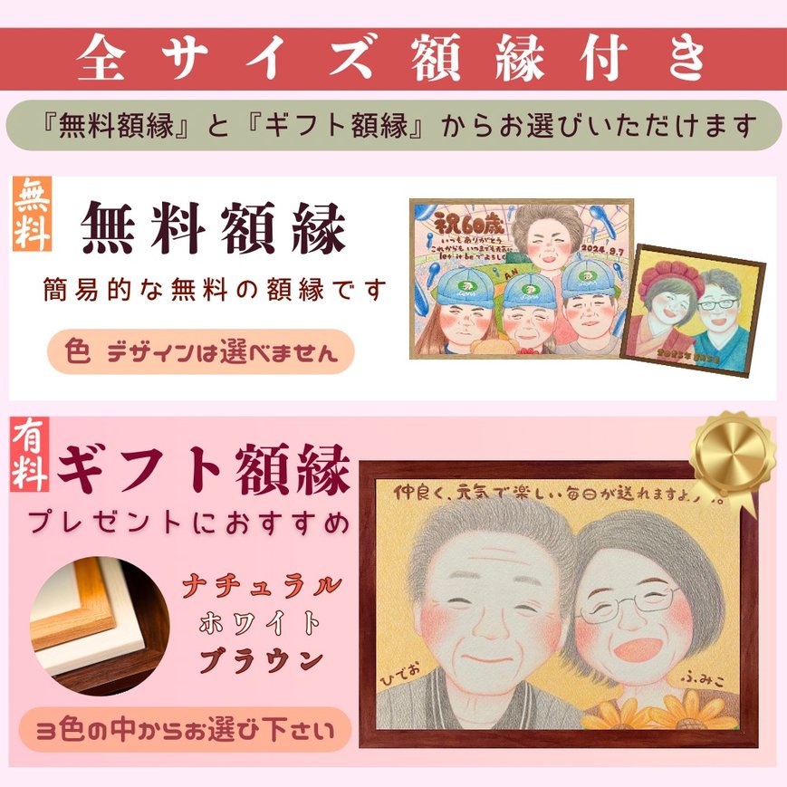 無料で似顔絵の額をお付けいたします。有料額縁への変更も可能です。