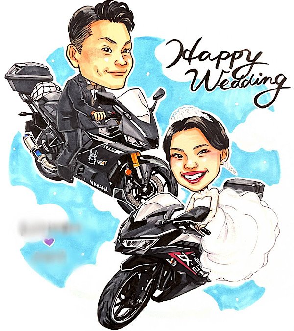 バイクに乗った結婚式のウェルカムボード似顔絵