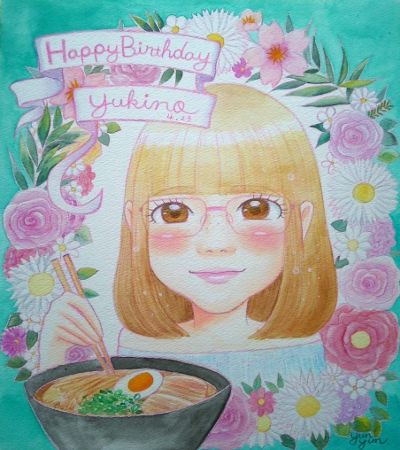 ラーメンを食べている誕生日の似顔絵